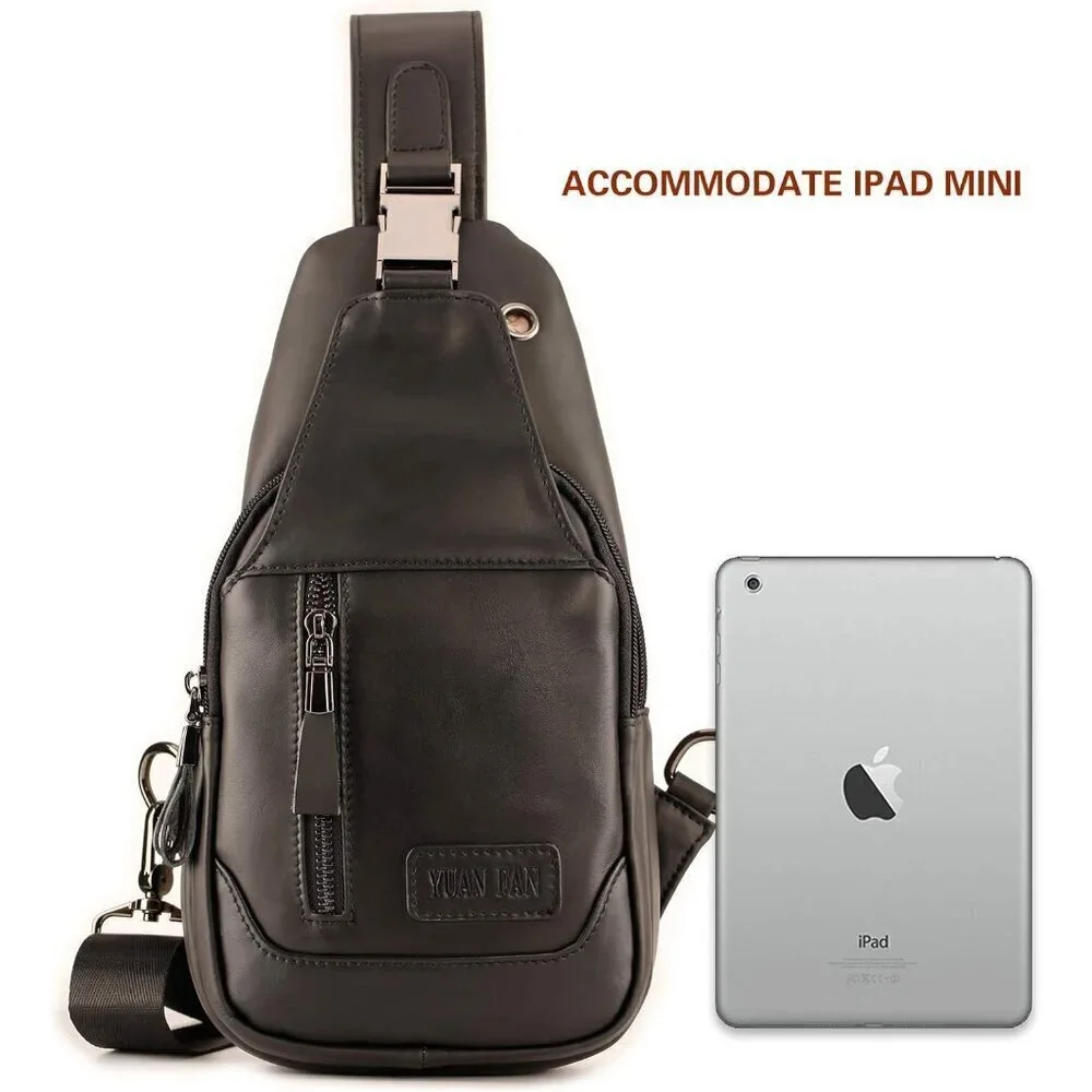 💫 Men Black Crossbody Bag Leather Sling Travel Chest Outdoor Sports Backpack